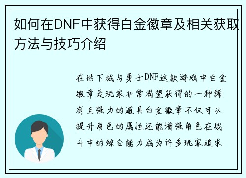 如何在DNF中获得白金徽章及相关获取方法与技巧介绍